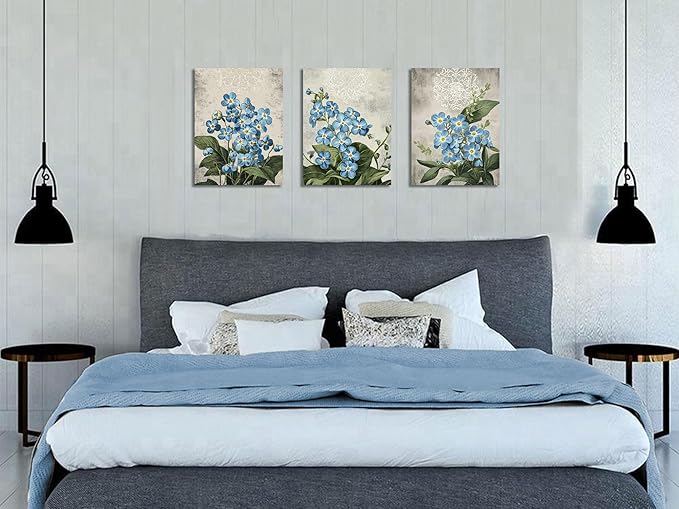 Arjun Blue Flower Wall Art Canvas Rustic Green Botanical Floral Bloosom Wildflower Vintage Grey for Bathroom Living Room Bedroom Dinning Room Kitchen Home Office Wall Decor, 12"x16"x3 Panels