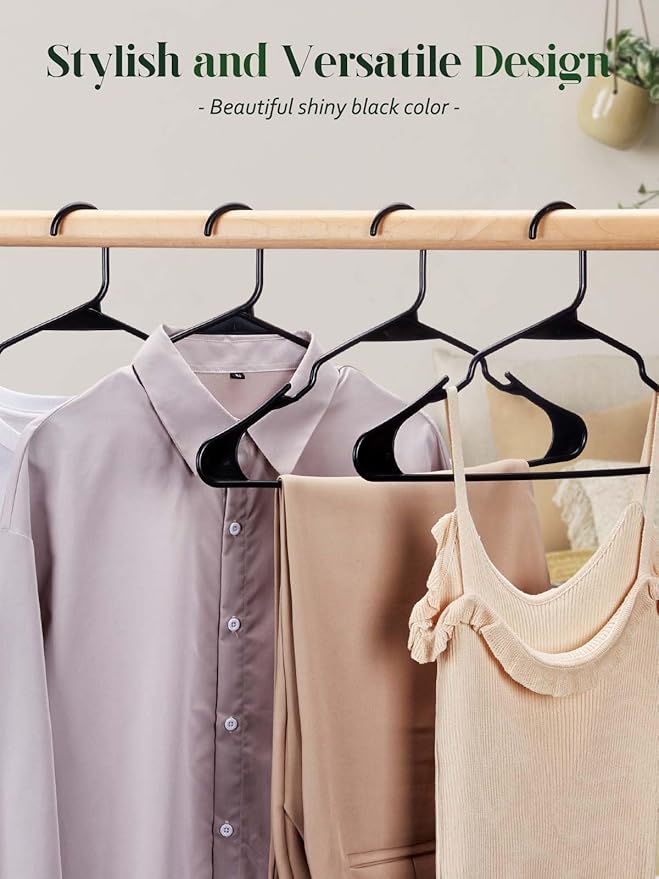 Cozymood Plastic Notched Hangers 20 Pack, Space Saving Tubular Clothes Hangers Black, Slim Non-Slip Heavy Duty Plastic Hanger for Everyday Use, Standard Closet Hanger for Shirts, Coat, Dress, Skirts