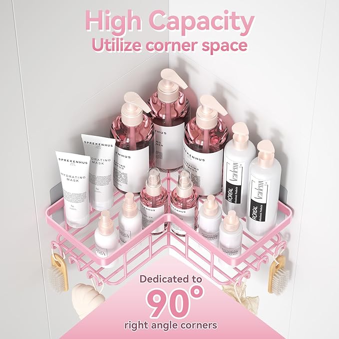 YASONIC Corner Adhesive Shower Caddy, with Soap Holder and 12 Hooks, Rustproof Stainless Steel Bathroom Organizer, No Drilling Wall Mounted Rack, Pink, 3-Pack