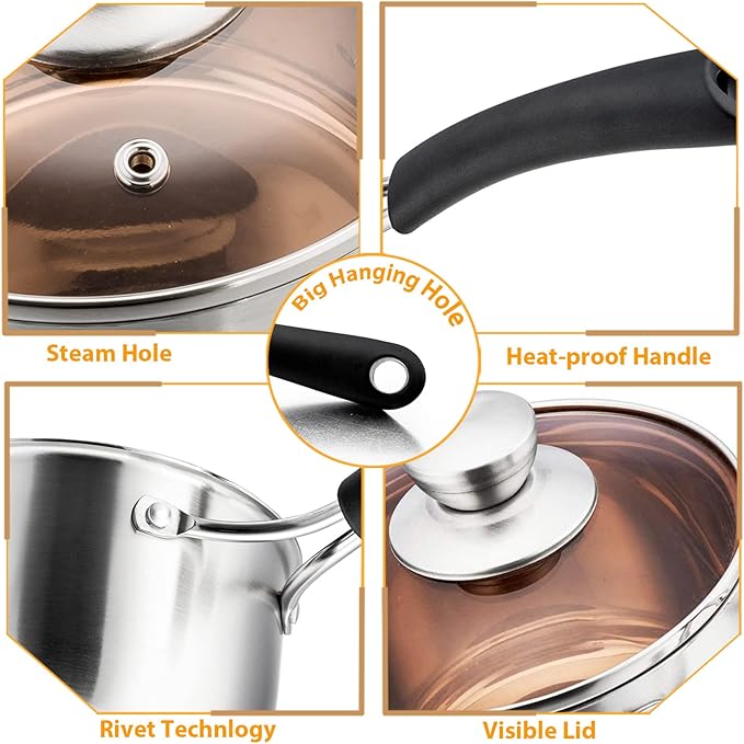 P&P CHEF 1 & 2 Quart Saucepan, Stainless Steel Saucepan with Lid, Small Sauce Pan for Home Kitchen Restaurant Cooking, Easy Clean and Dishwasher Safe