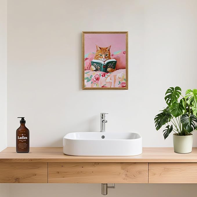 Framed Vintage Cat Canvas Wall Art, Funny Pink Animal Reading Books Painting Picture Print, Cute Kitten Lovers Aesthetic Wall Decor for Nursery Girls Room Bedroom Kids Room 10''L x 8''W