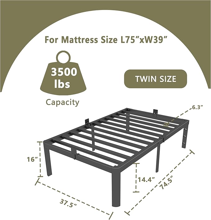 ITIMIDI 16 Inch Metal Twin Bed Frames, Heavy Duty Strong Support Slats, Safety Design with Rounded Corner Legs and DIY Headboard Hole, No Box Spring Needed, Noise Free, Easy Assembly, Black