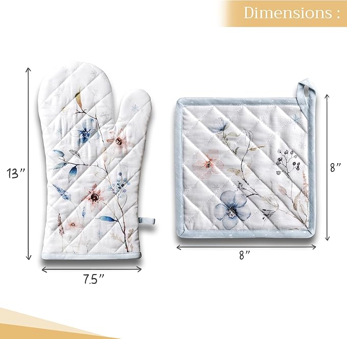 Maison d' Hermine 100% Cotton Oven Mitt & Pot Holder Set (7.5"x13" & 8"x8") Heat Resistant BBQ Cooking Gloves with Loop for Thanksgiving Christmas Decorations Handling Hot Pans (Ice Florals)