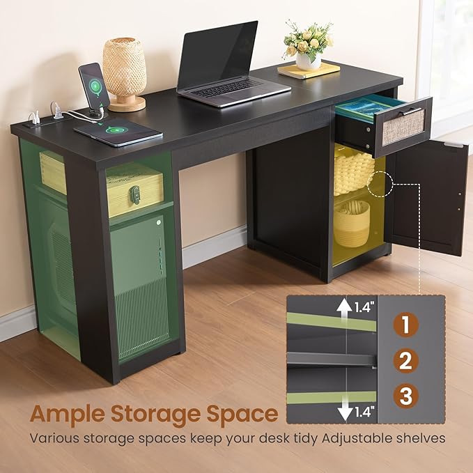 SEDETA 55.1" Rattan Computer Desk with Drawers, Office Desk with Drawers & Storage Cabinet, Farmhouse Home Office Desk with Storage, Wood Writing Desk with Power Outlets for Home Office, Black