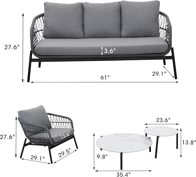 Wisteria Lane Boho Patio Furniture, 5 Piece Outdoor Furniture Set with Rope Woven Design, Rope Sofa Chair with Nesting Coffee Table for Garden, Balcony, Porch, Grey