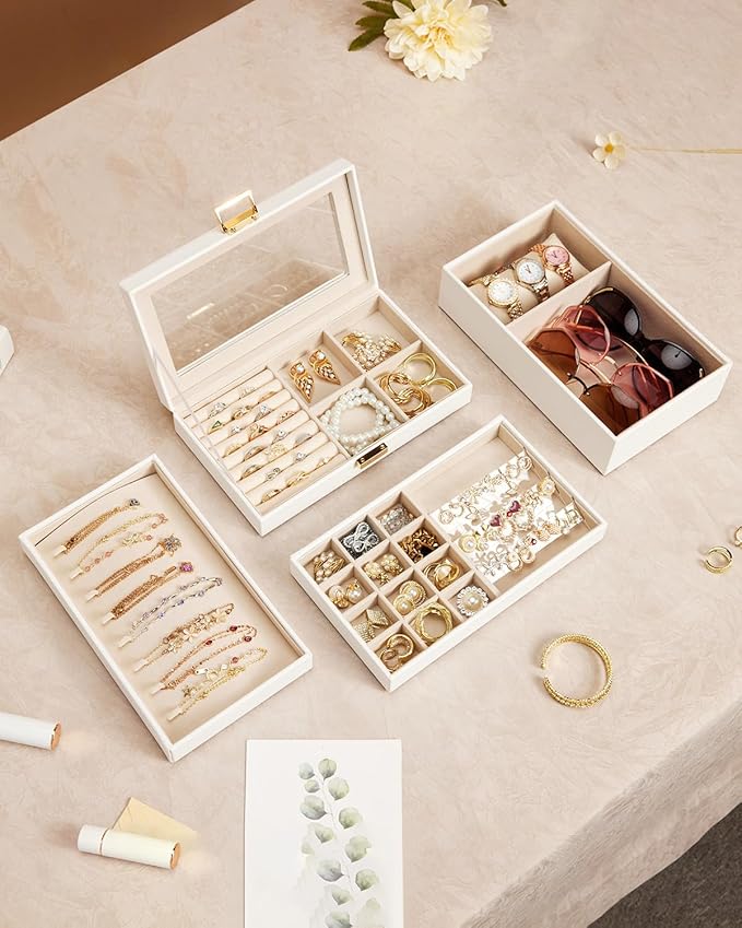 Homde Jewelry Tray Stackable Jewelry Box Drawer Organizer with Glass Lid, Removable Dividers for Vanity Table Gift Idea for Girls and Women (White)