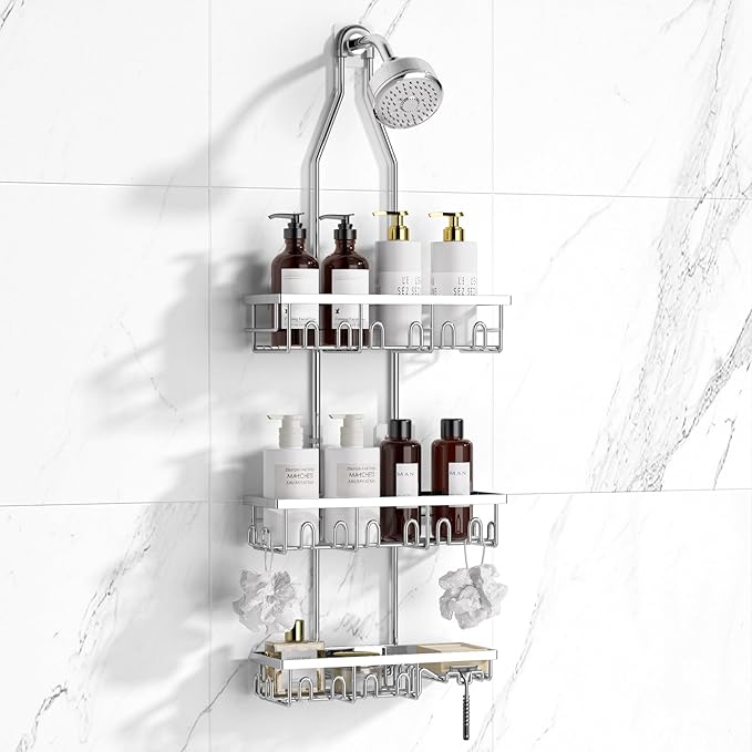 Shower Caddy,Rustproof Shower Shelves Over Shower Head,Triple Adjustable Storage,Silver