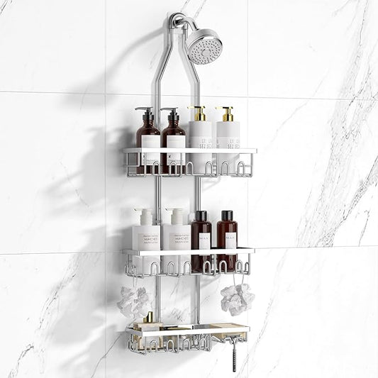 Shower Caddy,Rustproof Shower Shelves Over Shower Head,Triple Adjustable Storage,Silver