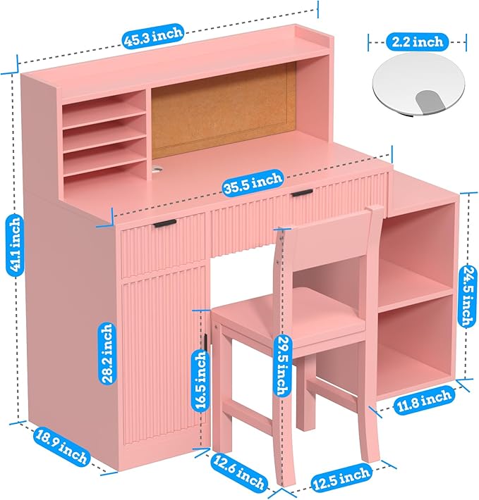 Pink Wooden Kids Fluted Desk and Chair Set,Kids Study Table and Chair Set with 2 Fluted Drawers,Kids Study Desk with 3 Storage Cabinets,Girls Study Desk for Kids with Hutch for Bedroom-Fa2Ox7