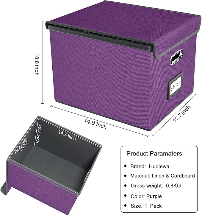 Huolewa File Organizer Box with Lid, Collapsible File Folder Organizer for Office Document Storage, Filing Box with Plastic Slide for Letter/Legal Size Hanging Files, Purple
