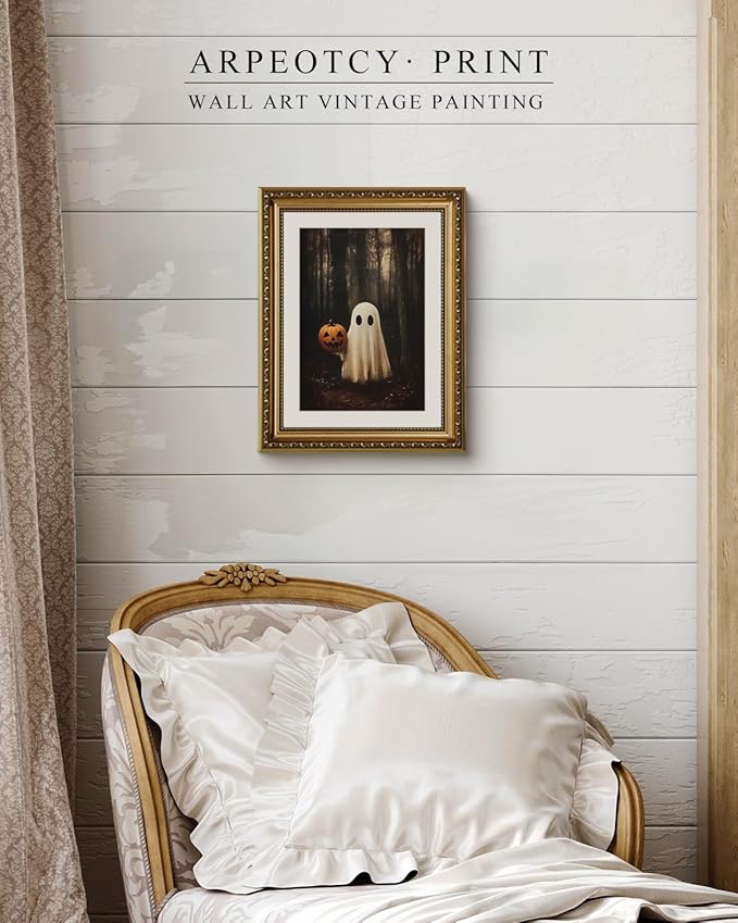 VIYYIEA Vintage Gold Framed Wall Art for Living Room, Ghost & Pumpkin Head Artwork Prints Decor, Halloween Wall Decor, Gallery Picture Painting, for Bedroom Bathroom Kitchen 14L x 11W