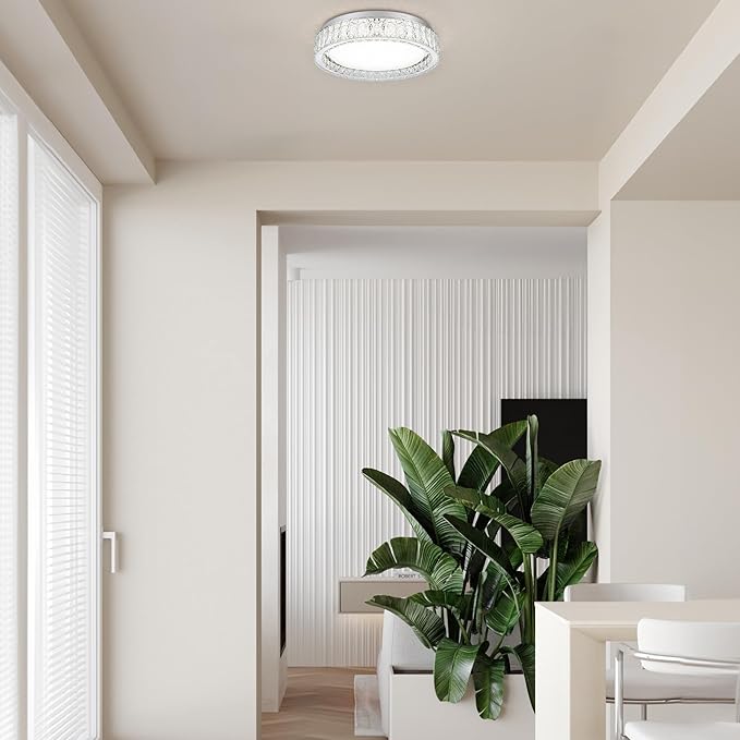 LamQee Crystal Flush Mount Ceiling Light Fixture, Dimmable LED Modern Close to Ceiling Light, Hallway Light Fixtures Round Ceiling Chandelier for Bedroom Kitchen Bathroom Closet Dining Room 17.72 inch