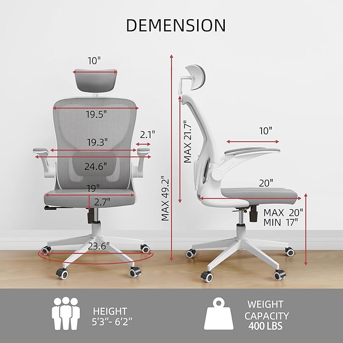 Office Chair Ergonomic Desk Chair, 350 LBS Mesh Office Chair with Lumbar Support, Comfy Desk Chair with Wheels, Big and Tall Chair for Study Work Gaming (Gray)