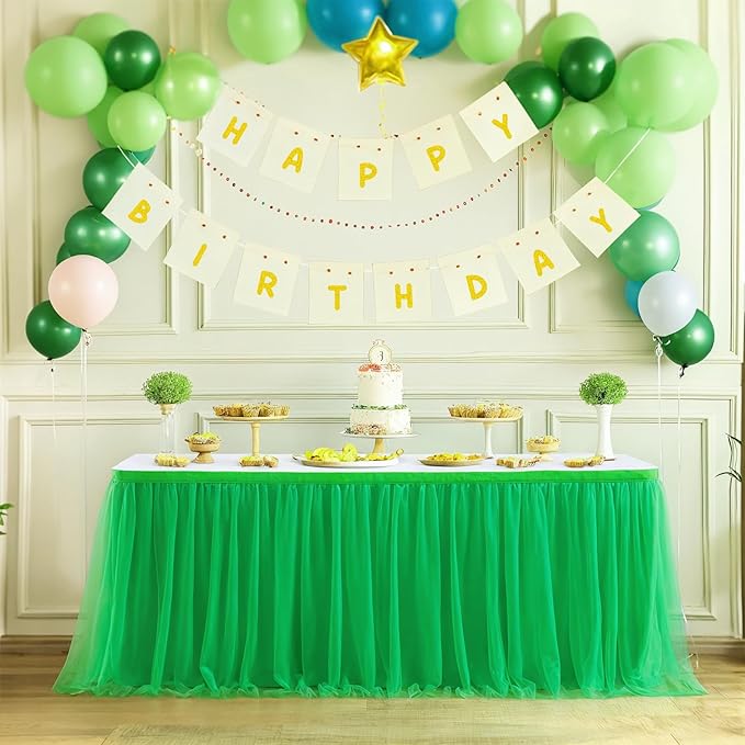 Suppromo Green Tulle Table Skirt for Birthday 6ft Green Ruffle Tutu Tablecloth for Baby Shower Gender Reveal Wedding, Hawaiian Jungle Luau Themed Party, Animal Safari Theme Party Decorations