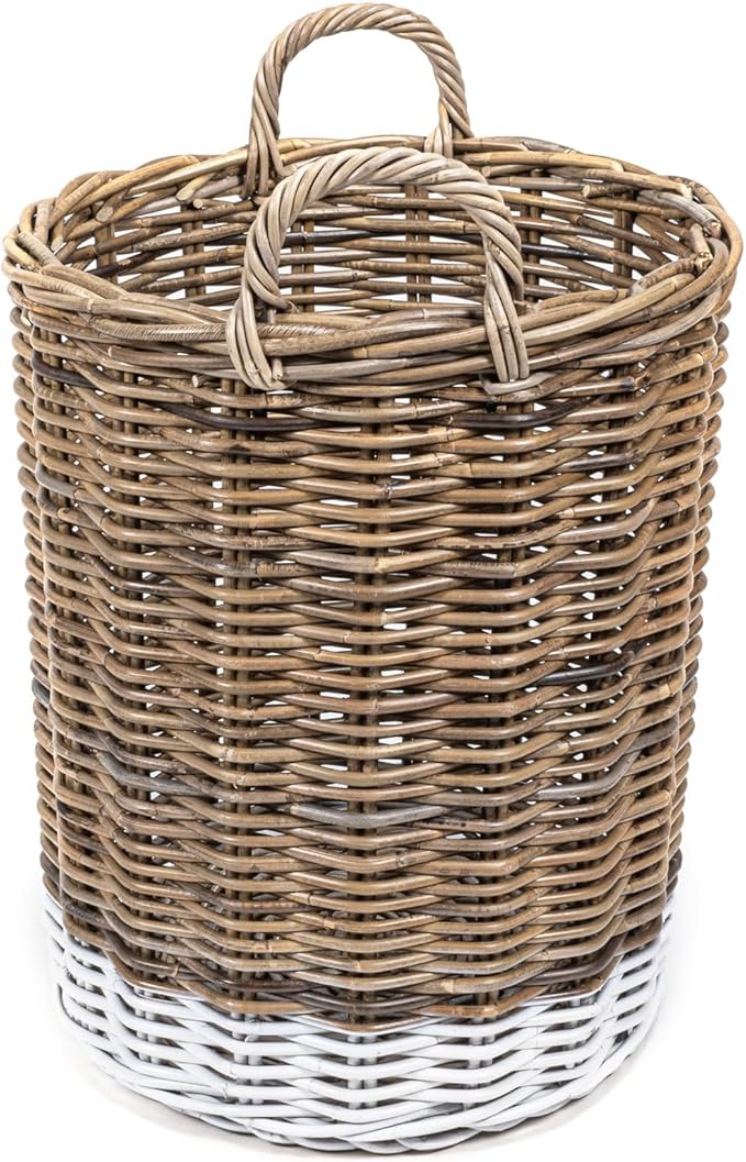 happimess BSK1000A-3SET Ternion Cottage Hand-Woven Rattan Nesting Wicker Storage Baskets w/ Handles, Seagrass Container for Decoration in Bedroom, Living Room, Laundry Room, Kubu Gray/White (Set of 3)