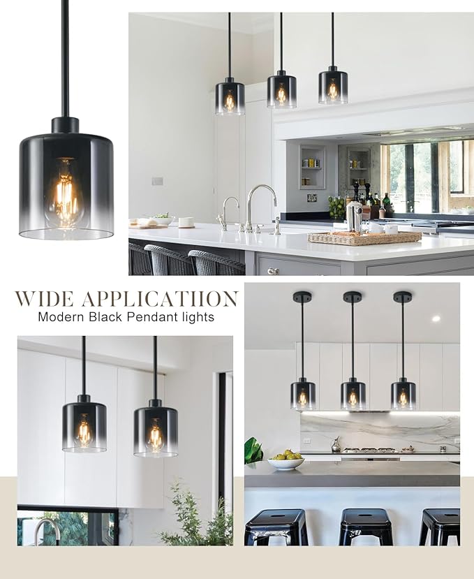 Black Pendant Light Fixtures, Modern Pendant Lights for Kitchen Island with Adjustable Rods, Industrial Glass Pendant Lights for Dining Table Hallway Bedroom Living Room, 1 Pack