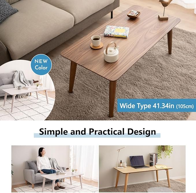 EMOOR Wood Folding Coffee Table Rectangle Large (20.5"x41.3") Light Gray, Floor Sitting Low Table Small Space Minimalist Japanese Tatami Room