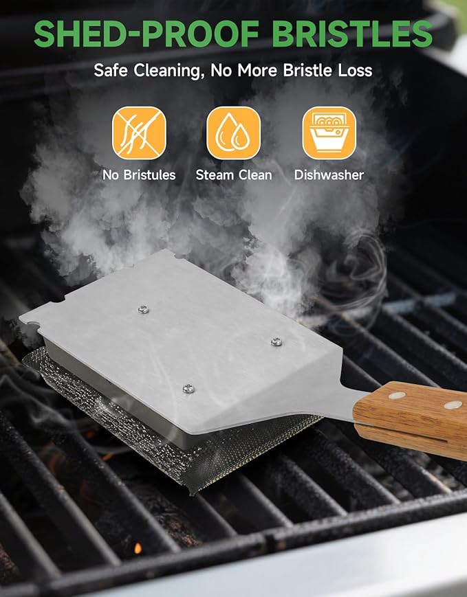 Grill Brush Cleaning BBQ Outdoor: GEEKHOM Bristle-Free Steel Fibers Scraper for Any Grill/Flat Top Griddles - with 1 Replaceable Head - Perfect for Safe & Efficient Grilling