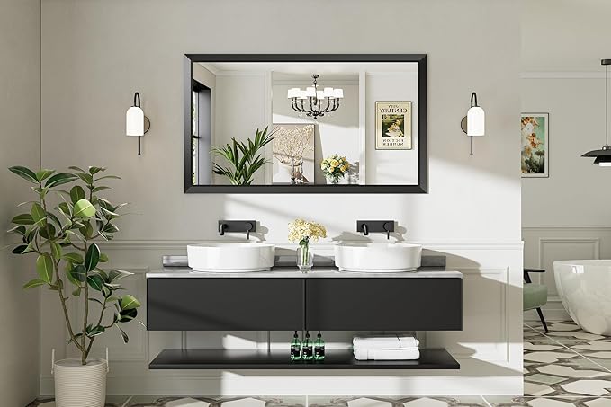 55x32 Inch Black Bathroom Mirror for Wall, Thick Metal Framed Rectangle Mirrors for Over Sink, Bedroom, Living Room, Entryway, Anti-Rust, HD Tempered Glass