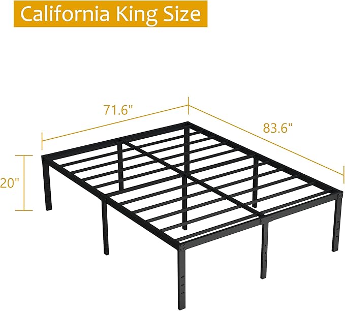 California King Bed Frames, 20 Inch Heavy Duty Metal Platform Support Up to 3000 lbs with Steel Slat, No Box Spring Needed, Easy Assembly, Noise Free, Black