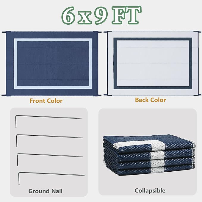Ogrmar 6x9 FT Reversible Mats, Outdoor Rug for Patio Clearance, Waterproof Carpet, Plastic Straw Rug for Indoor Outdoor, Floor Mat&Rug for RV Porch Camping Backyard Deck Balcony Beach Trailer (Blue)
