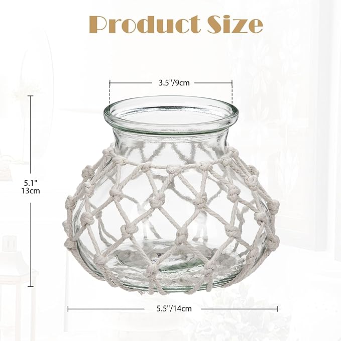 Hollyone Clear Glass Vase with Cotton Rope Cover Woven Round Glass Vase Decorative Flower Bottle Modern Vase for Table Centerpiece Farmhouse Wedding Home Decor