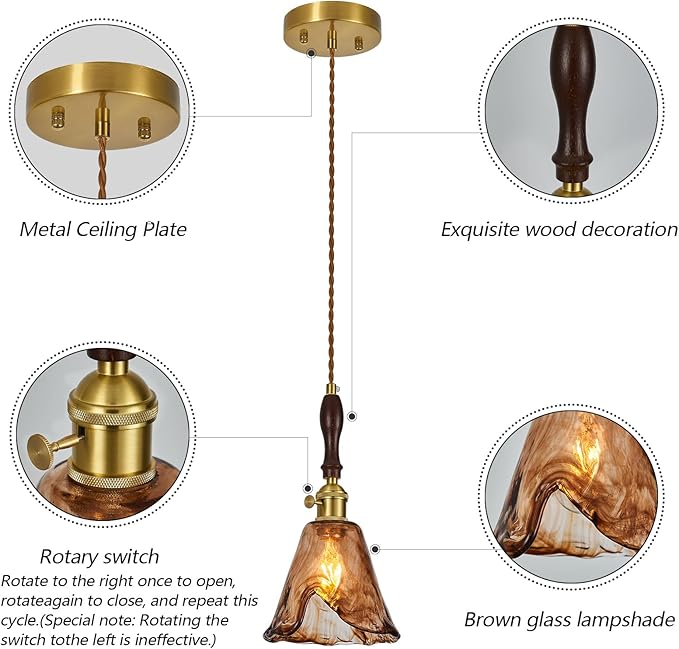 Brown Glass Vintage Pendant Light 6.18" Handmade Glass Pendant Lights Kitchen Island Gold Hanging Light Fixture for Bedroom Dining Room Hotel (1 Pack)