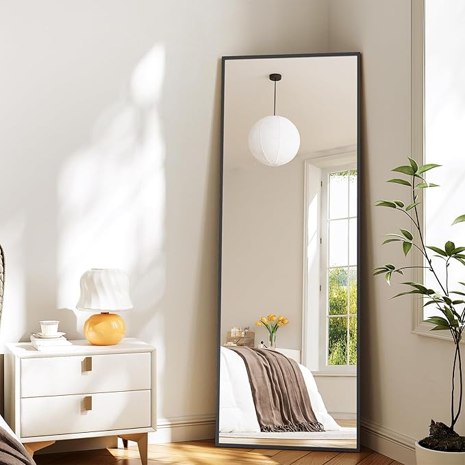Koonmi Large Mirrors, 64"x21" Full Length Mirror with Stand, Full Body Mirror with Aluminum Alloy Frame, Hanging or Leaning Against Wall Floor Standing Mirrors for Bedroom Living Room, Black