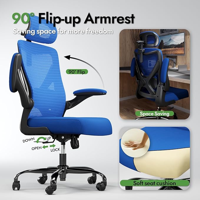 Ergonomic Office Chair - X-Shaped Computer Desk Chair Comfy, Gaming Chair, Office Chair with Lumbar Support, Mesh Office Chairs with Headrests, Desk Chair for Long Hours (Black Blue)