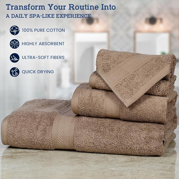 Casa Lino 100% Cotton Bath Towels Set of 4 (1 Bath Towel, 1 Hand Towel & 2 Wash Cloths) - Bathroom Towels and Washcloths Set - Complete Bathroom Set - Guest Room Essentials - (Brown)