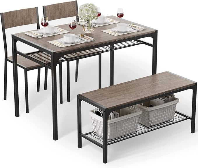 Gizoon Kitchen Table and 2 Chairs for 4 with Bench, 4 Piece Dining Table Set for Small Space, Apartment