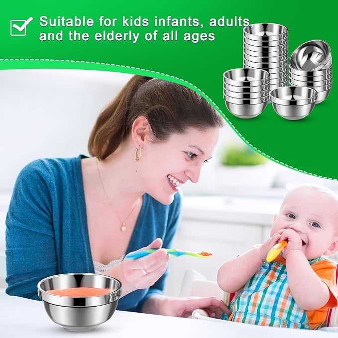 30 Pack 304 Stainless Steel Bowls Set 13oz Metal Double Walled Insulated Snack Mixing Lightweight Multipurpose Toddler Dinner Bowls for Ice Cream, Cereal, Snack