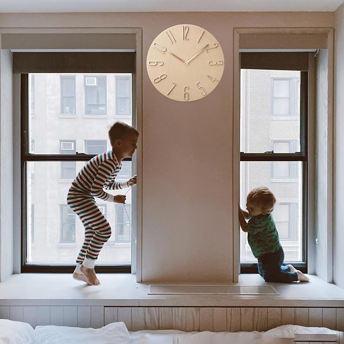 Faupugh 12 inch Silent Wall Clock, Battery Powered Wall Clock Decoration Clock, Suitable for Home, Office, School, Kitchen, Bedroom, Living Room (Beige)