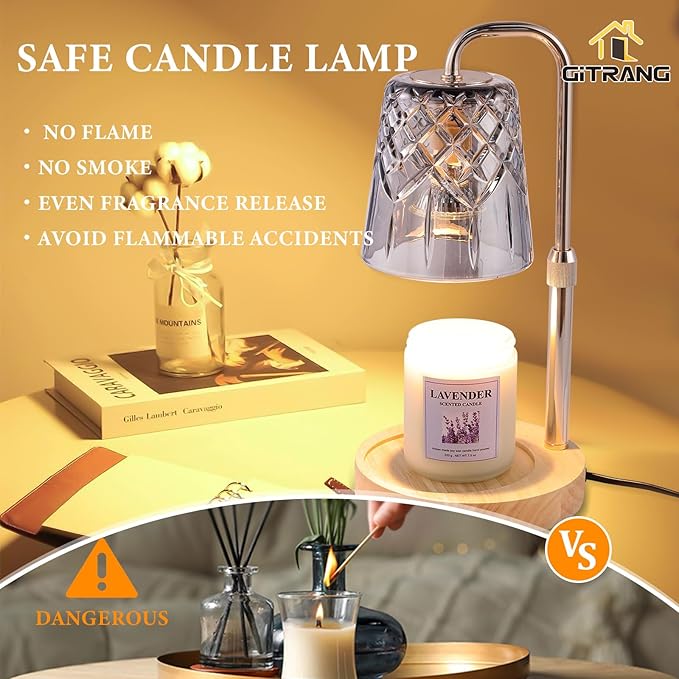 Candle Warming Lamp with Timer Dimmer, Adjustable Height Electric Wax Melt Warmer for Jar Candles with 3 Bulbs, Mother's Day Women's Home Decor Gift, Round Base with Champagne Color Pole