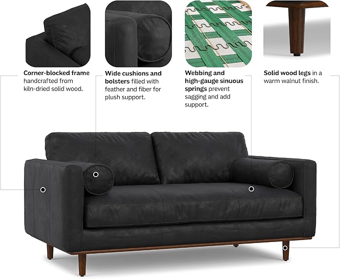 SIMPLIHOME Morrison 72-inch Wide Sofa in Lead Black Genuine Leather, Mid-Century Modern-Style Loveseat for Living Room, Single Bench Cushion, Removable Back Cushions, 2 Bolster Pillows