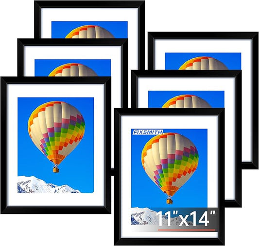 FIXSMITH 11x14 Picture Frame Set of 6, Black Photo Frames Bulk with HD Plexiglass, Display Pictures 8x10 with Mat or 11x14 Without Mat, Multi Picture Frames Collage for Wall Decor