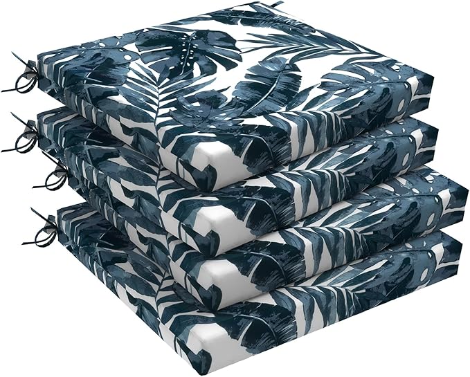 Set of 4 Outdoor Square Chair Cushions 18.5"x16"x2" for Patio, Water Resistant Patio Dining Seat Pads Replacement for Kitchen Garden and Outdoor Furniture Decoration - Palm Blue