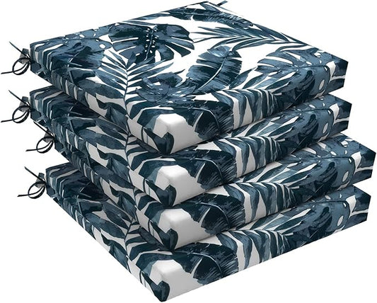 Set of 4 Outdoor Square Chair Cushions 18.5"x16"x2" for Patio, Water Resistant Patio Dining Seat Pads Replacement for Kitchen Garden and Outdoor Furniture Decoration - Palm Blue