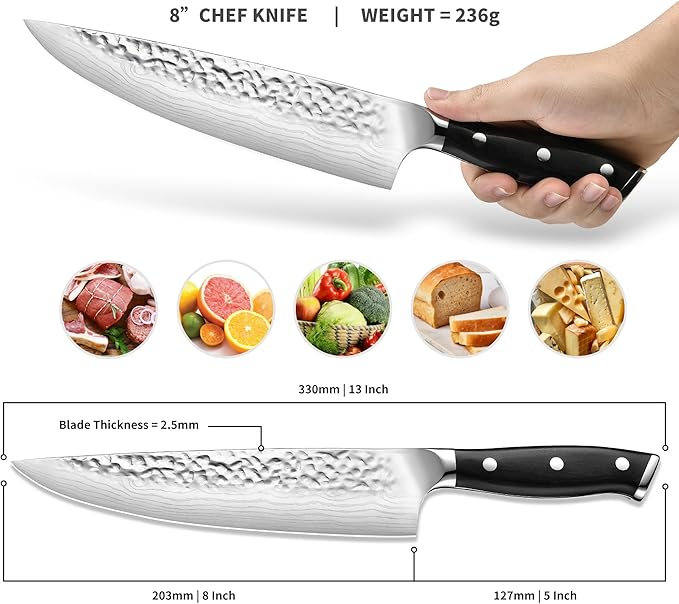 8" German Forged Chef Knife 7CR13 Steel - Triple-Rivet Black Pakkawood Handle with Extra Forging Process, Gifts for Women/Men, Birthday and Mom/Dad, Kitchen Gadgets with Premium Gift Box