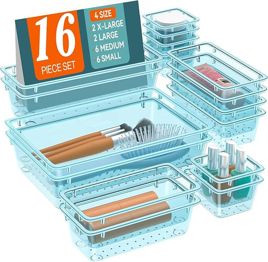 WOWBOX 16 PCS Plastic Drawer Organizer Set, 4 Sizes Desk Drawer Organization and Storage Containers for Makeup, Cosmetics, Jewelry and Gadgets in Kitchen, Bathroom, Bedroom, Office, Clear Sea Blue