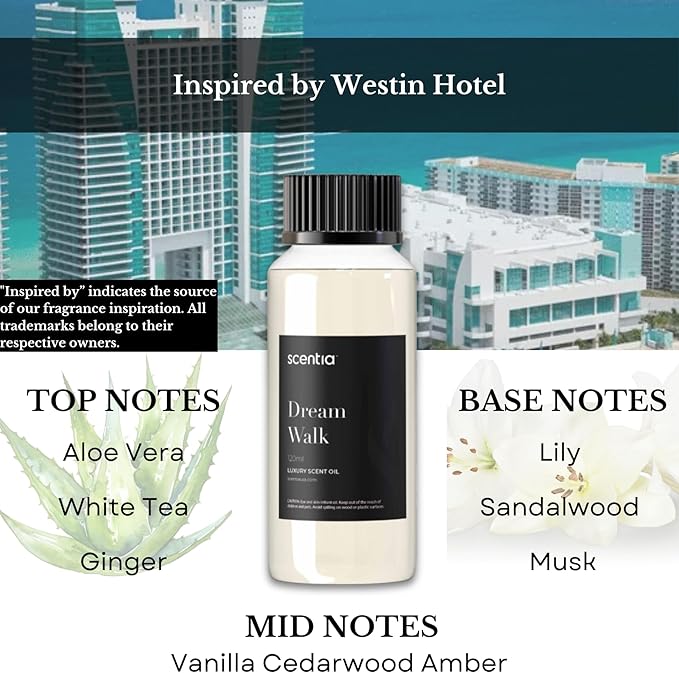 Hotel Diffuser Oil Inspired by The Westin Hotel Scent - 120 ml 4.06 fl oz - Fragrance Oil Blend White Tea,Natural Home Fragrance and Hotel Scent for Diffusers & Machines -Dream Walk