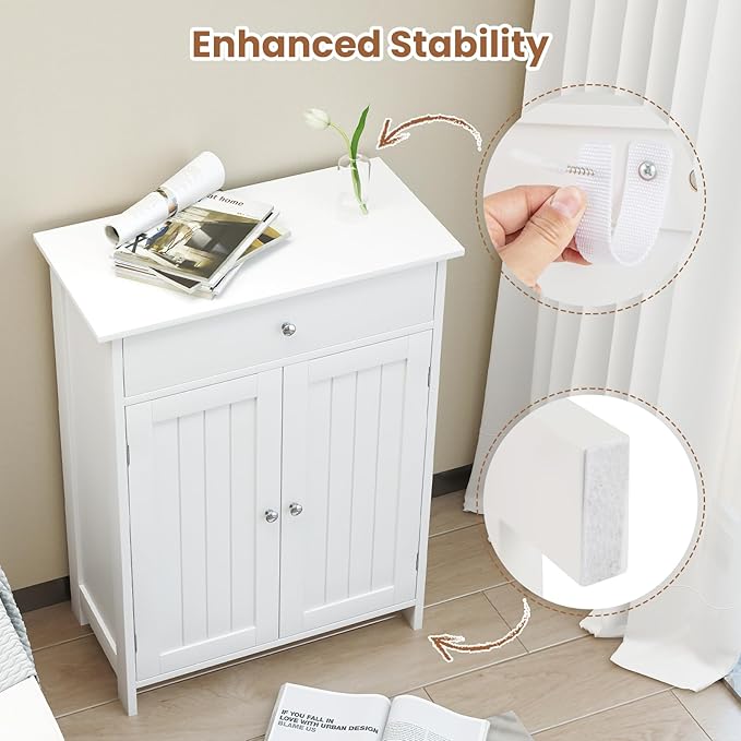 Giantex Storage Cabinet, White Bathroom Cabinet with 2 Doors, 1 Drawer, 3-Level Adjustable Shelf, Modern Wooden Storage Organizer for Laundry Room, Entryway, Living Room