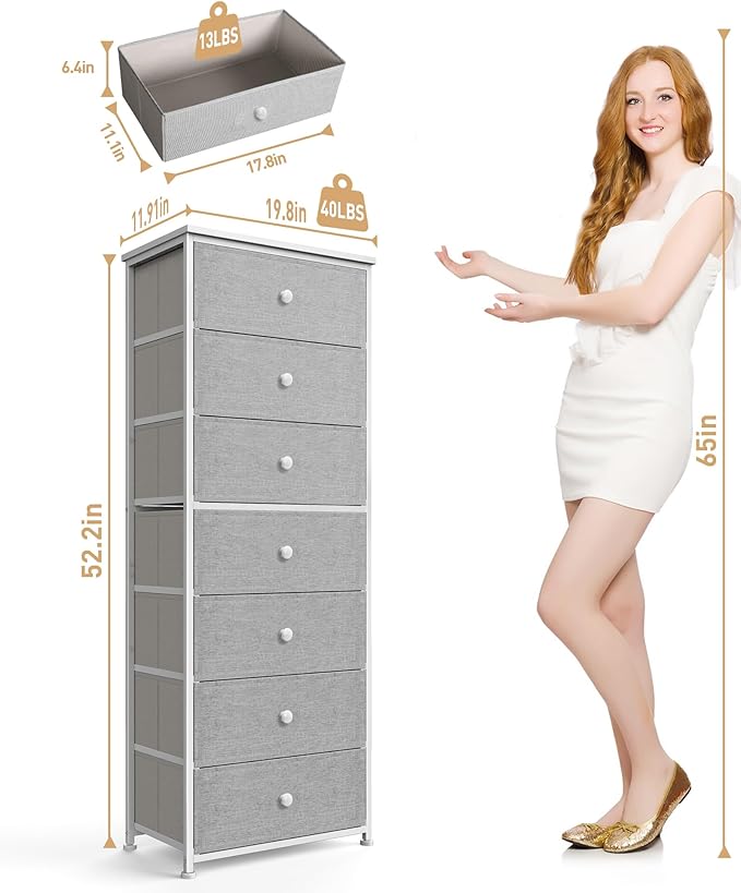 Tall Fabric Dresser for Bedroom, Vertical Storage Organizer Tower with 7 Drawers, Chest of Drawers with Bins, Steel Frame, Wood Top for Bedroom, Closet, Entryway Light Grey