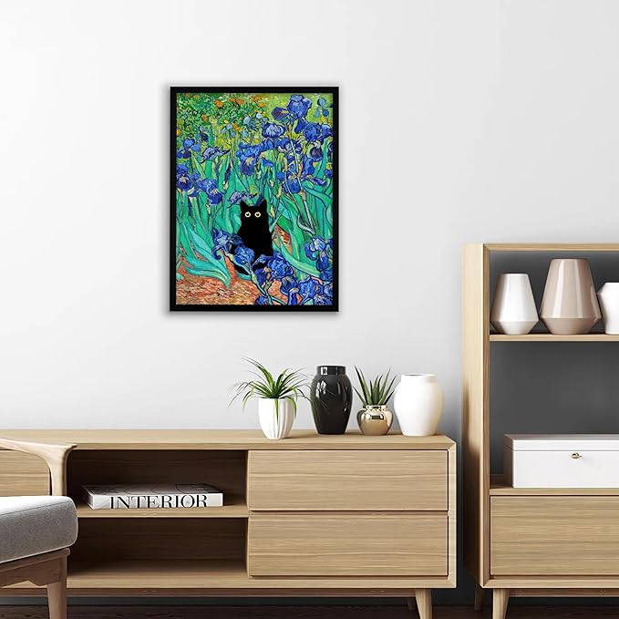 Krtoni Framed Van Gogh Irises Canvas Wall Art, Famous Oil Paintings Garden Flower Black Cat Wall Decor, Impressionism Funny Vintage Print Artwork For Farmhouse Gallery Bathroom 16''L x 12''W