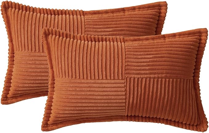 MIULEE Rust Fall Decorative Lumbar Throw Pillow Covers for Couch Bed Livingroom 12x20 Inch Set of 2 Boho Accent Throw Pllows Broadside Striped Patchwork Soft Corduroy Pillowcases