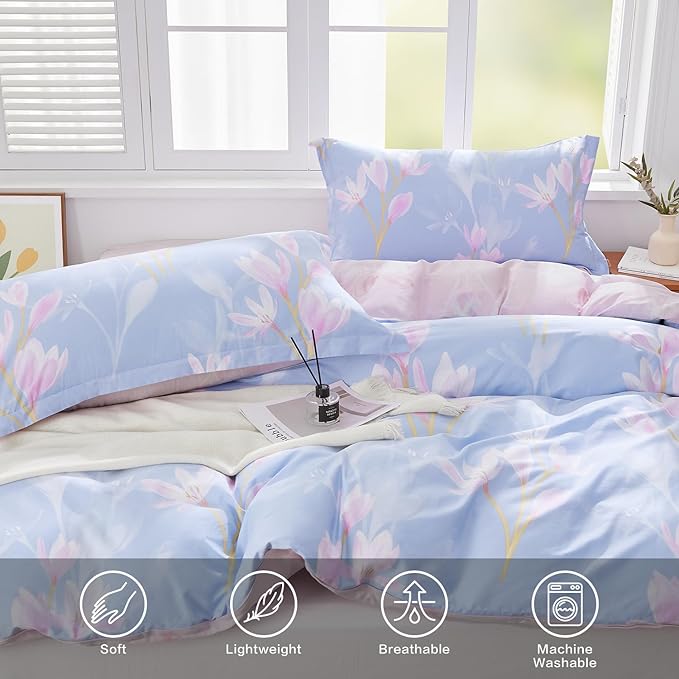 SAPHREAS Pink Orchid Flower Pattern Duvet Cover Set King Size 3pcs Blue Floral Bedding Comforter Cover Set 100% Cotton 1 Duvet Cover 104"x90" 2 Pillow Shams, Comforter Not Included