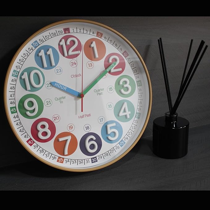 Learning Time Clock for Kids,12 Inch 3D Numbers Colorful Clock Face Silent Clocks，Bedroom,Kitchen,Classroom,Décor at School, Clear Digital Wall Clock for Kids Room (3D Wood Color Classic)