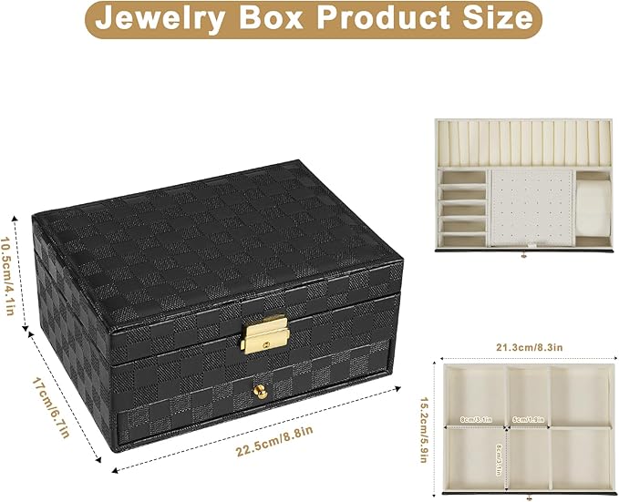 Jewelry Box for Women Girl Wife - Large PU Leather Jewelry Organizer Storage Case with Two Layers Display for Earrings Bracelets Rings Watches (Checkered Black)