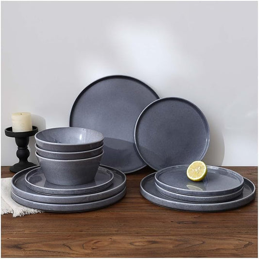 Famiware Annecy Plates and Bowls Sets, Stoneware Dinnerware Sets for 4, 12 Pieces Dish Set with Lipped Edges, Chip and Scratch Resistant, Microwave and Dishwasher Safe, Misty-Blue