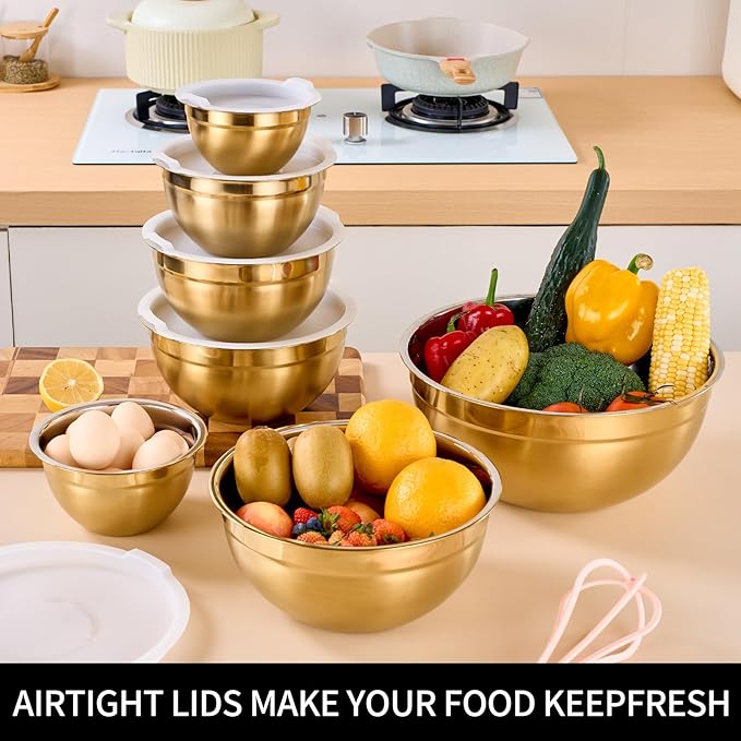 Gold Mixing Bowls with Lids Set of 7, Stainless Steel Nesting Bowl with Khaki Lid for Non-slip Mixing Prepping Storing Serving, 7 Sizes-7/3.6/2.7/2.1/1.5/1/0.8 QT